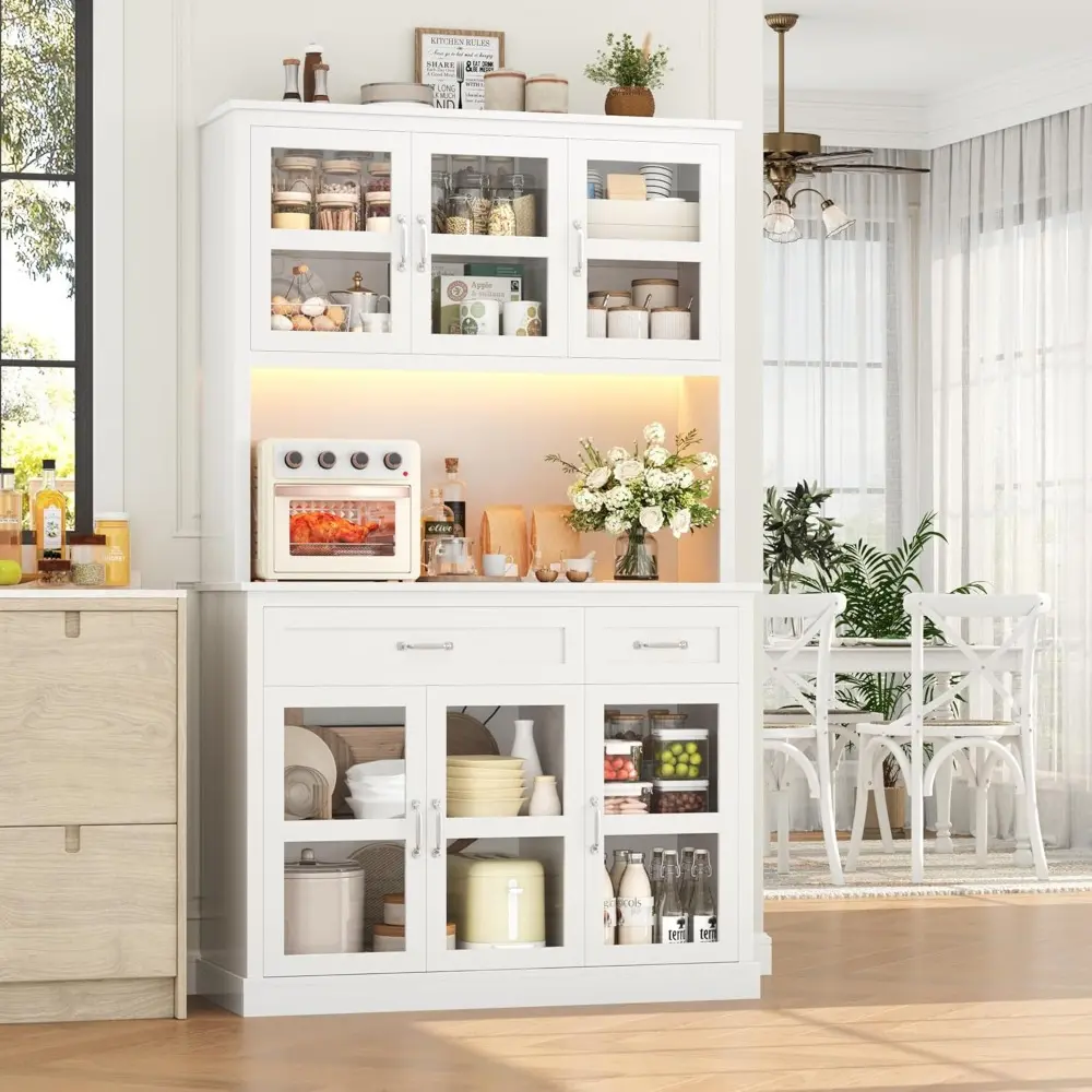 71" Pantry Cabinet with LED Light and Charging Station, Kitchen Pantry Cabinet with Glass Doors and Microwave Stand, Kitchen Ca