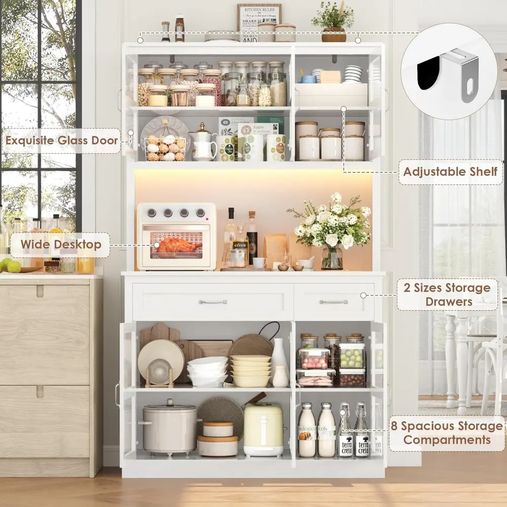 71" Pantry Cabinet with LED Light and Charging Station, Kitchen Pantry Cabinet with Glass Doors and Microwave Stand, Kitchen Ca