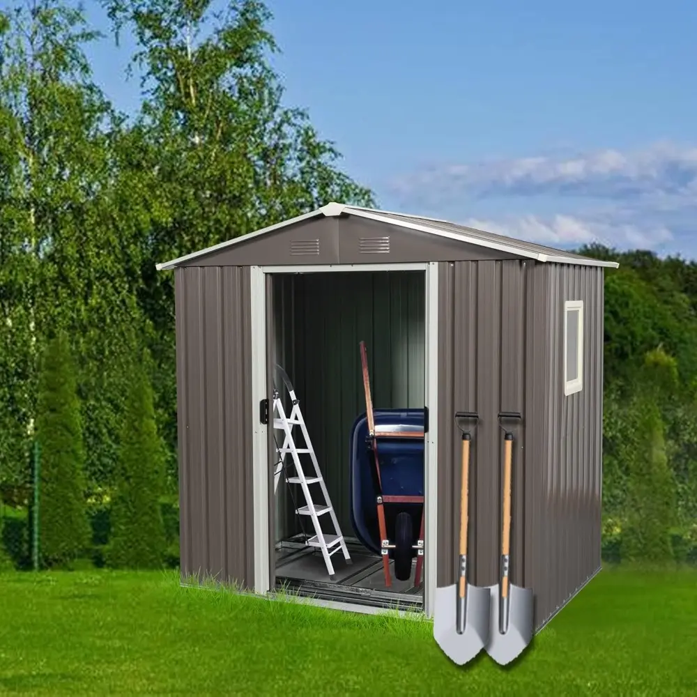 6x5 ft Outdoor Metal Storage Shed with Floor Foundation and Window, Lockable Galvanized Steel Tool Shed with Sliding Door and Ai