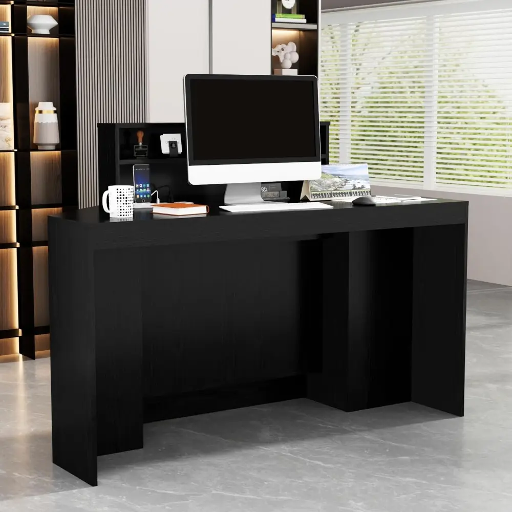 39.3" H Modern Reception Desk with LED Lighting, Office Counter with Display Cabinet, Secretary Desk with Power Outlets – Front