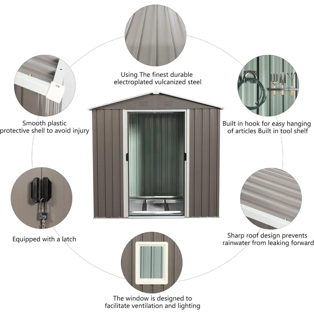 6x5 ft Outdoor Metal Storage Shed with Floor Foundation and Window, Lockable Galvanized Steel Tool Shed with Sliding Door and Ai