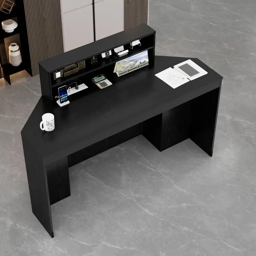 39.3" H Modern Reception Desk with LED Lighting, Office Counter with Display Cabinet, Secretary Desk with Power Outlets – Front