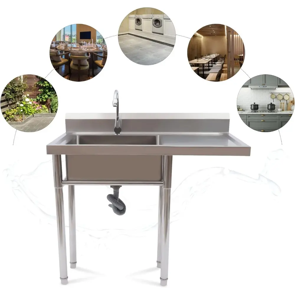 Stainless Steel Utility Sink with Drainboard, Free Standing Kitchen Sinks with Backsplash, One Compartment Workbench Sink Statio