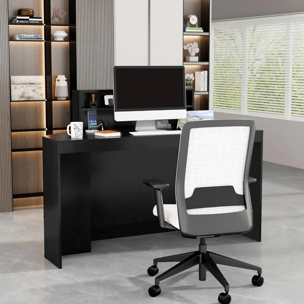 39.3" H Modern Reception Desk with LED Lighting, Office Counter with Display Cabinet, Secretary Desk with Power Outlets – Front