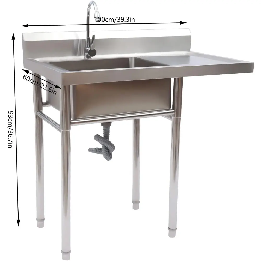 Stainless Steel Utility Sink with Drainboard, Free Standing Kitchen Sinks with Backsplash, One Compartment Workbench Sink Statio