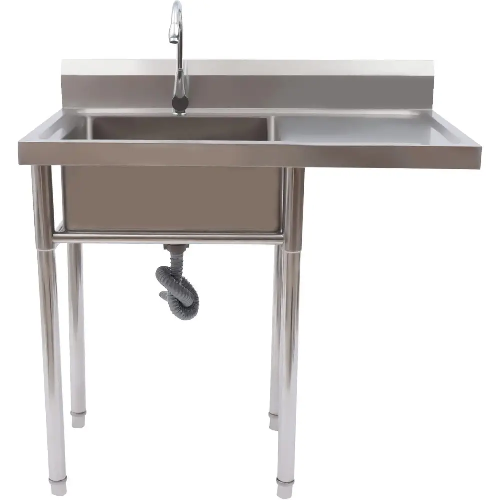 Stainless Steel Utility Sink with Drainboard, Free Standing Kitchen Sinks with Backsplash, One Compartment Workbench Sink Statio