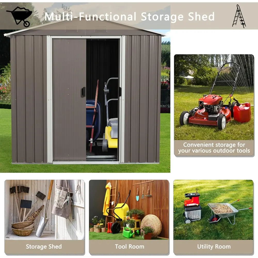 6x5 ft Outdoor Metal Storage Shed with Floor Foundation and Window, Lockable Galvanized Steel Tool Shed with Sliding Door and Ai