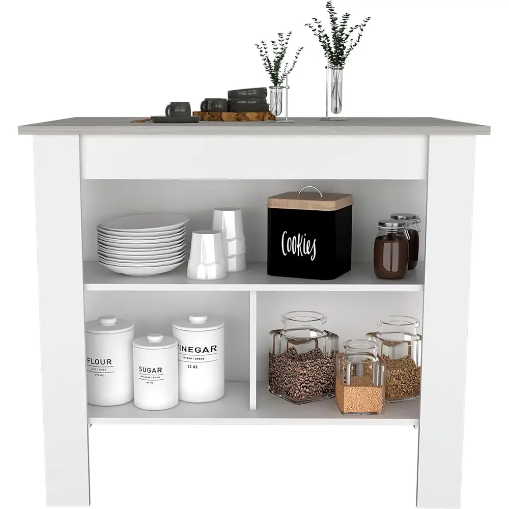 Brooklyn Kitchen Island, White, Surface Color Onix, with Three Uncovered Shelves. for Kitchen Room