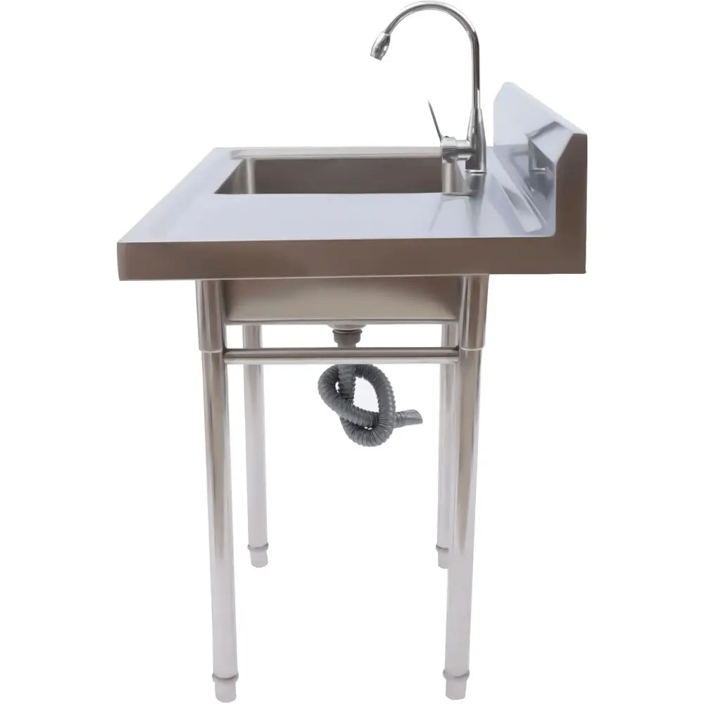 Stainless Steel Utility Sink with Drainboard, Free Standing Kitchen Sinks with Backsplash, One Compartment Workbench Sink Statio