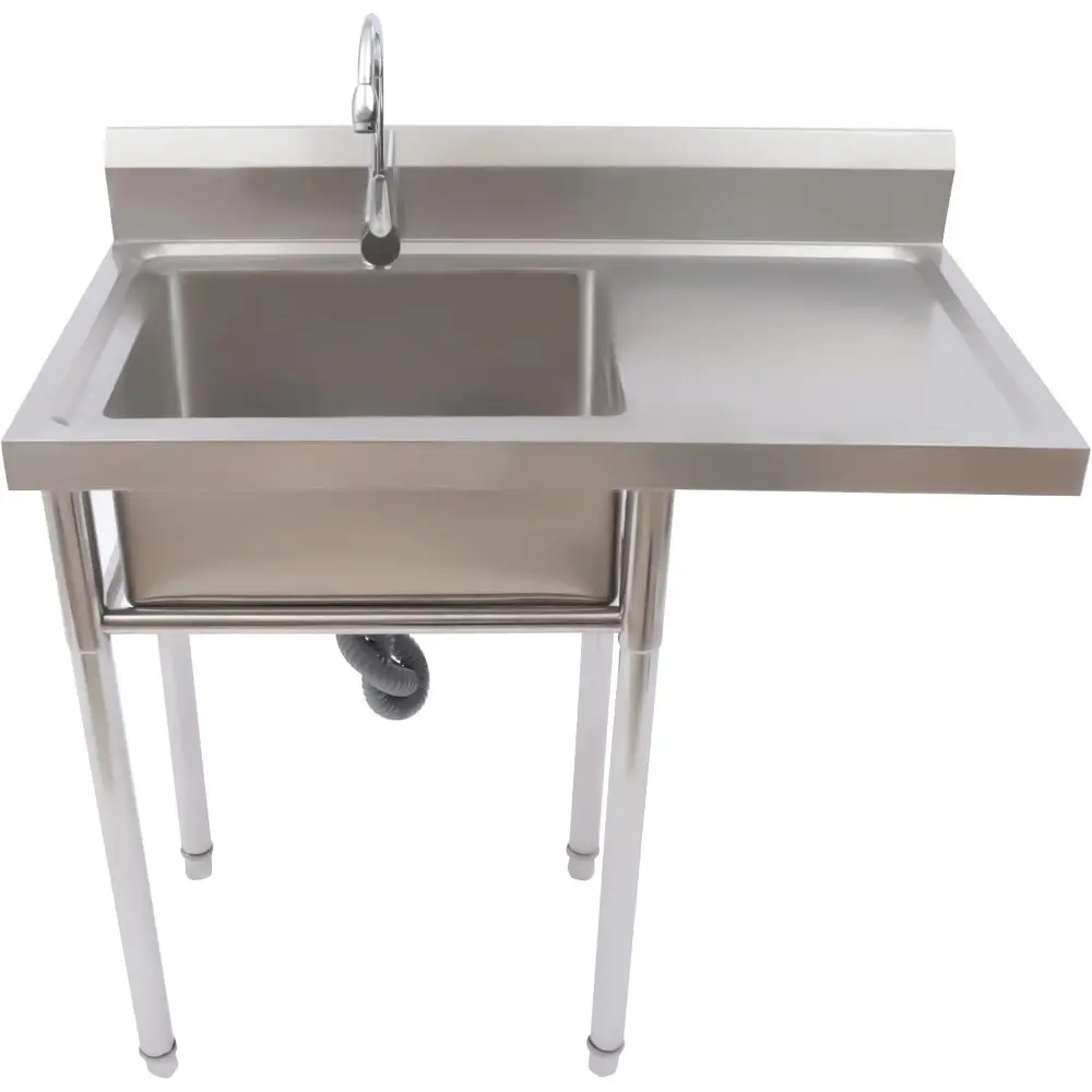 Stainless Steel Utility Sink with Drainboard, Free Standing Kitchen Sinks with Backsplash, One Compartment Workbench Sink Statio