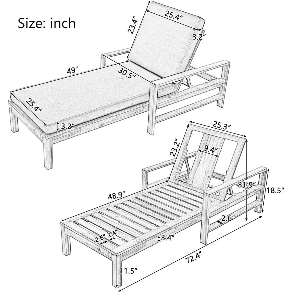 Acacia Wood Outdoor Lounge Chair with 3-Position Adjustable Backrest,Outdoor Reclining Chair with Grey Cushion Suitable for Gar