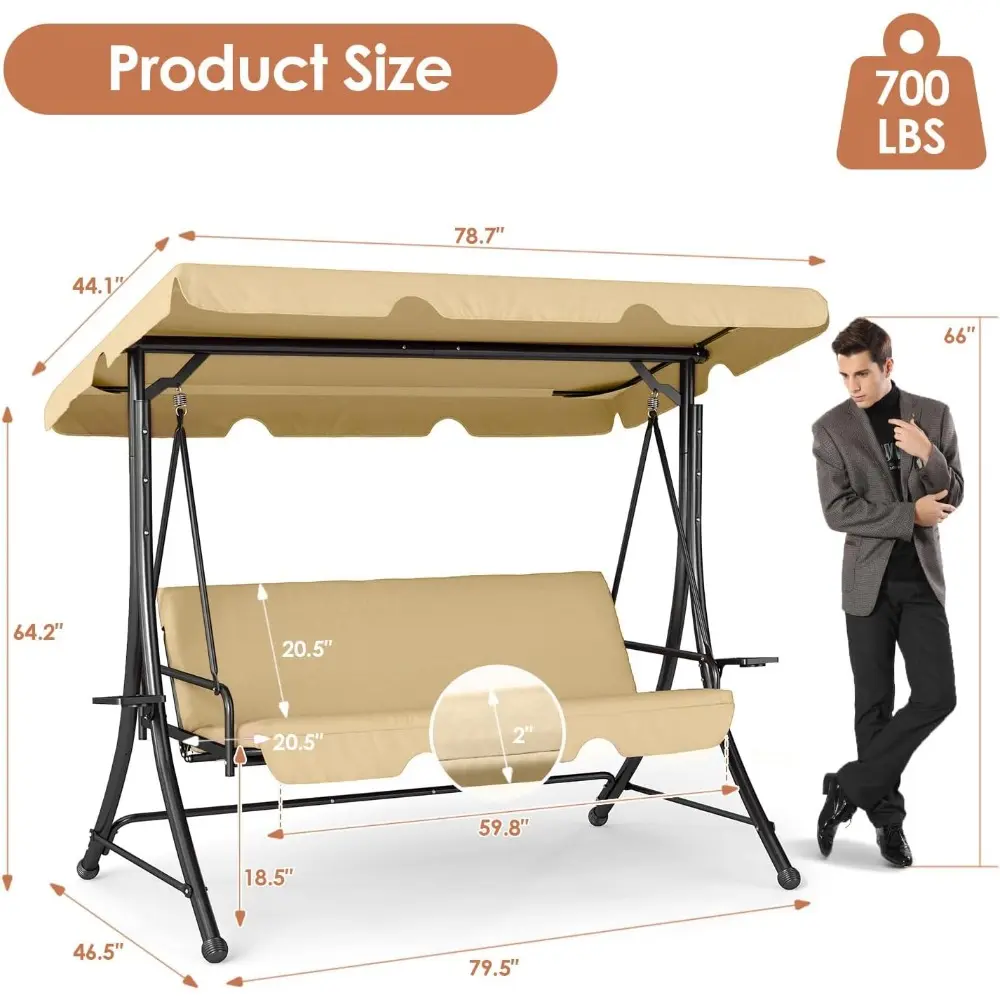 2-in-1 Outdoor Patio Swing 3-Seat Porch Swing with Adjustable Canopy and Removable Cushions, Perfect for Patio, Backyard, Garde