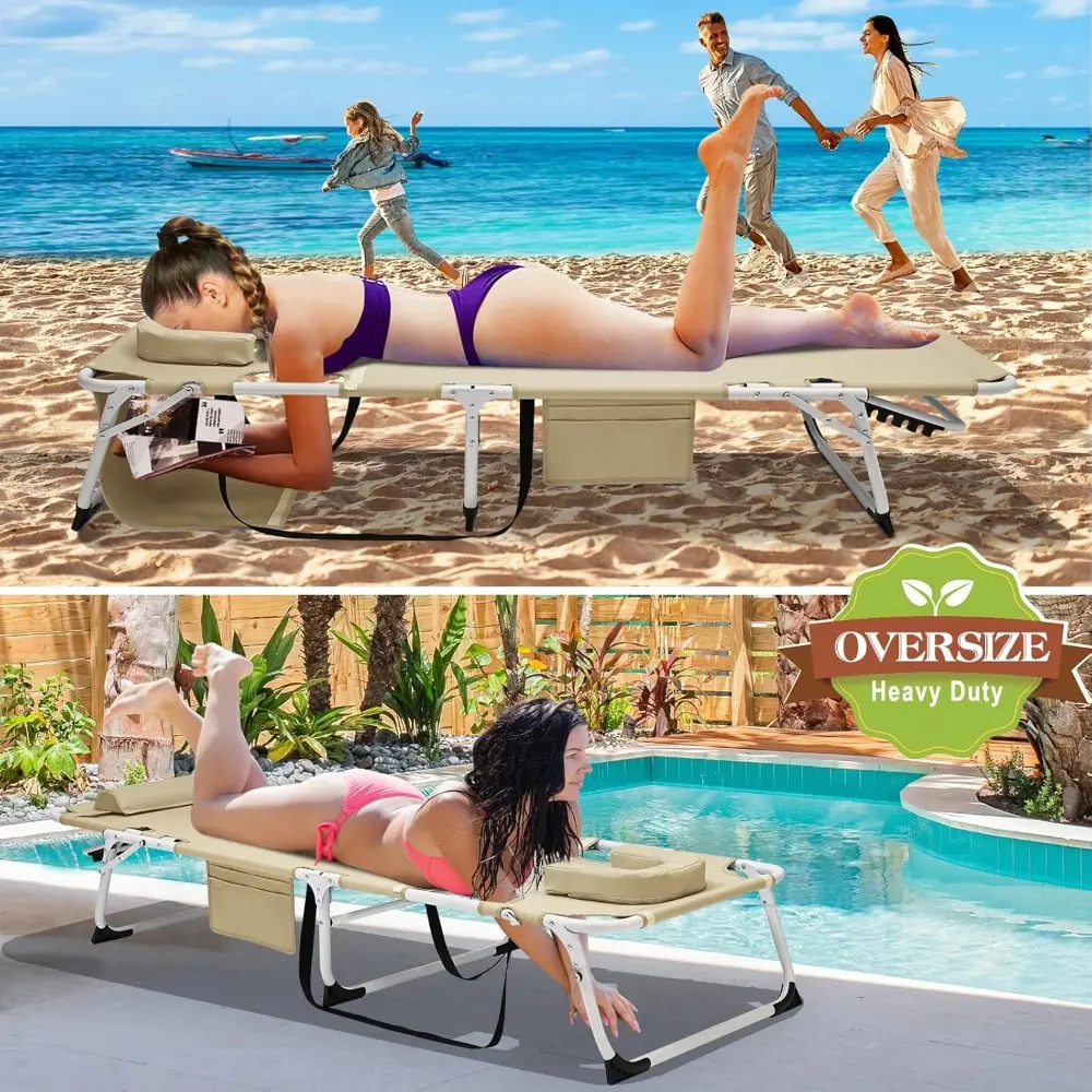 Sun Tanning Chair，4-in-1 Patio Lounge Chair, Heavy Duty Folding Chaise with 500LB Load Capacity, Adjustable Portable Chair for