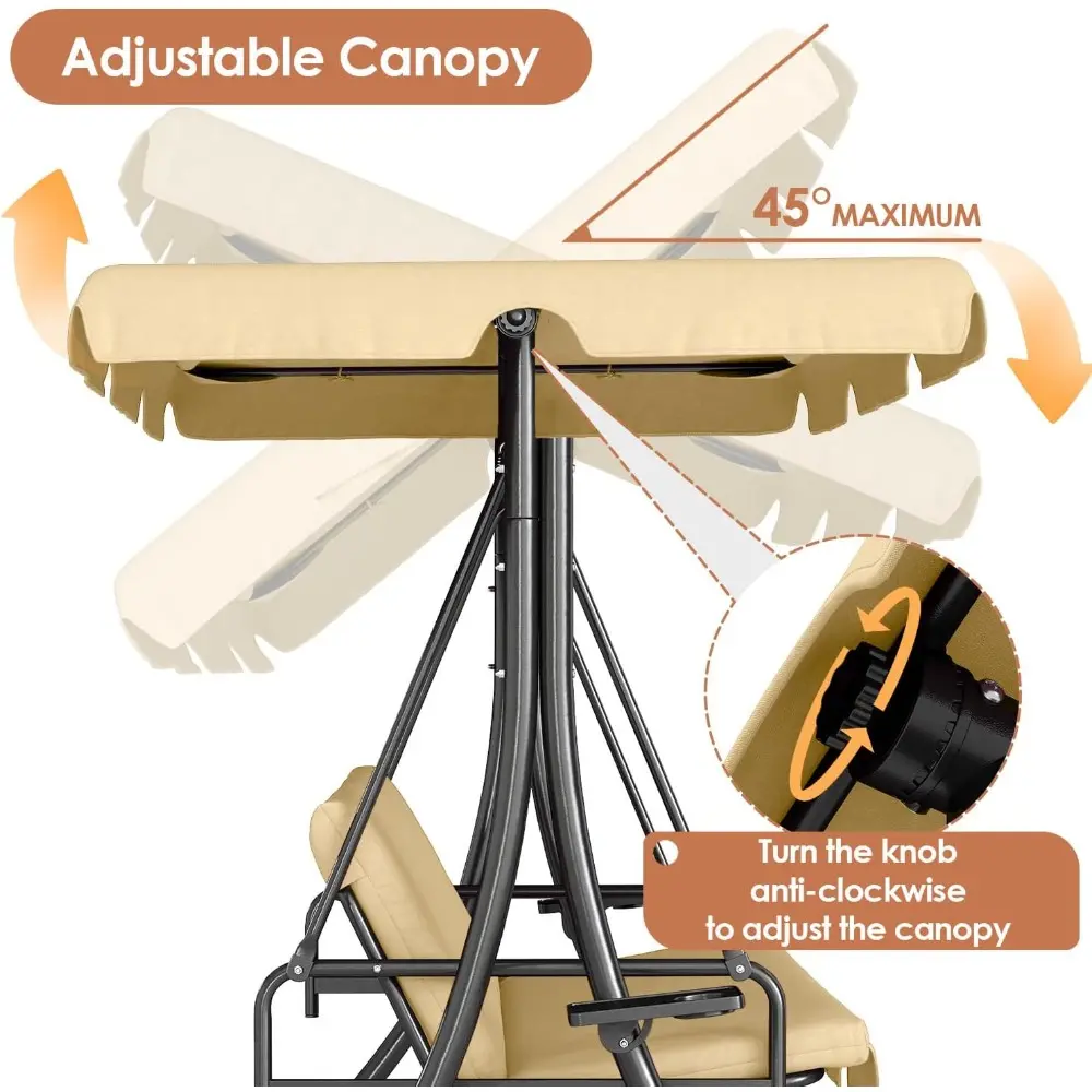 2-in-1 Outdoor Patio Swing 3-Seat Porch Swing with Adjustable Canopy and Removable Cushions, Perfect for Patio, Backyard, Garde
