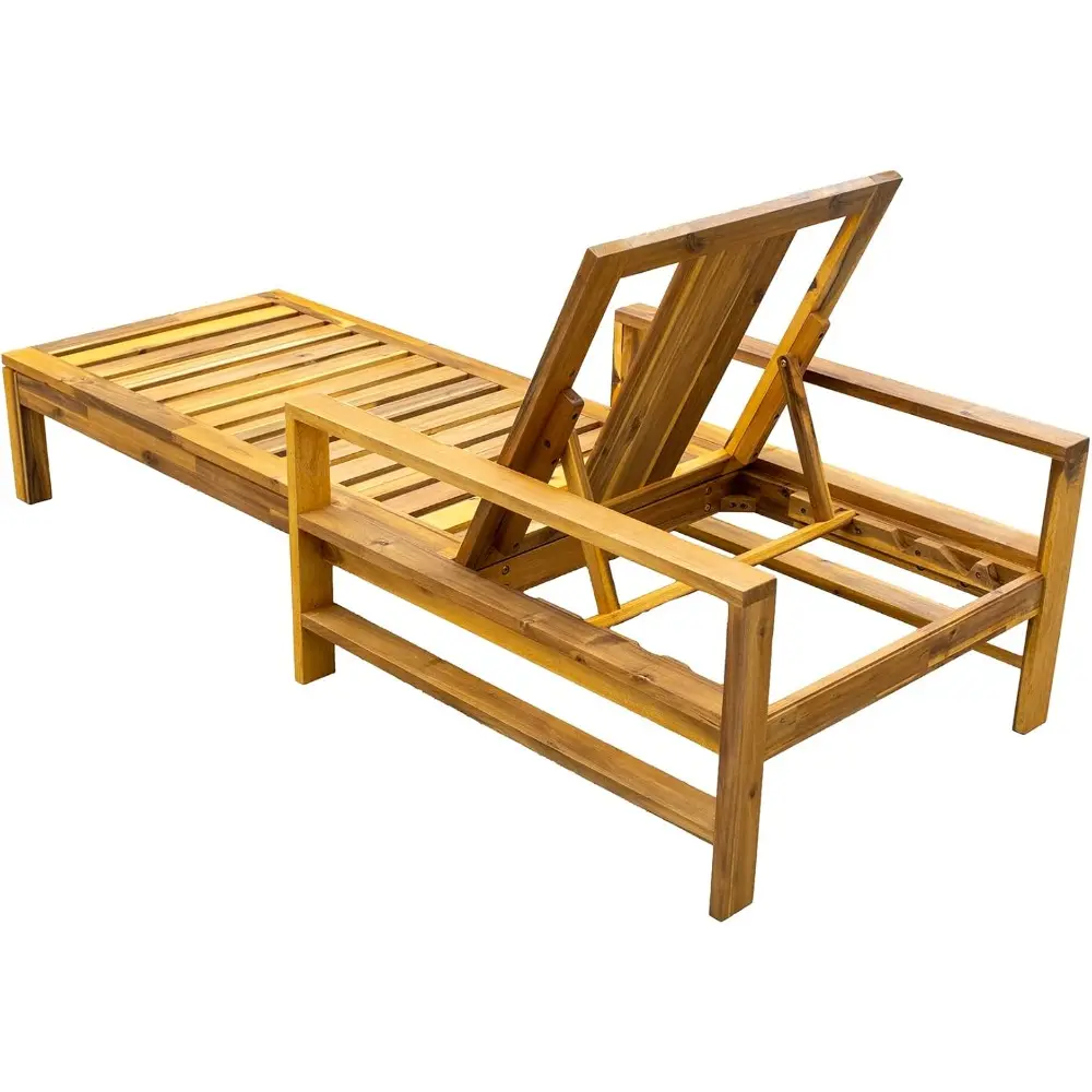 Acacia Wood Outdoor Lounge Chair with 3-Position Adjustable Backrest,Outdoor Reclining Chair with Grey Cushion Suitable for Gar