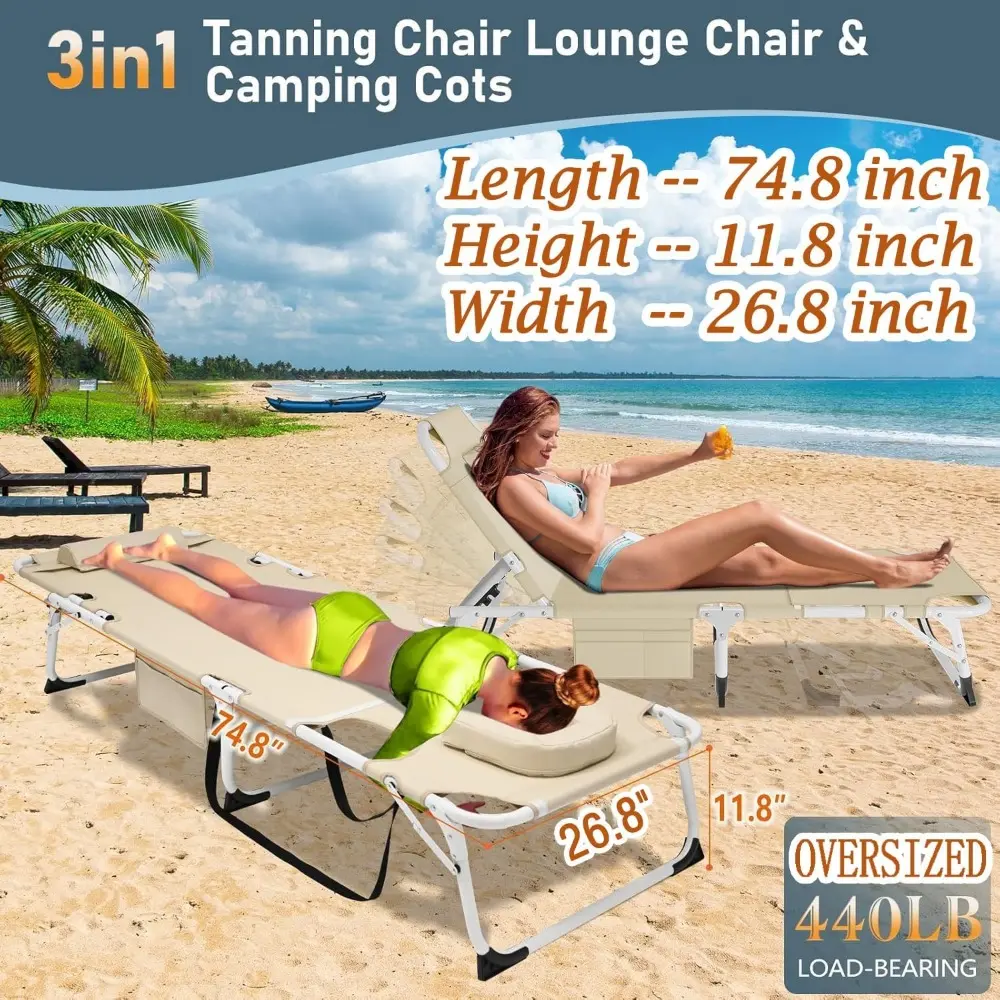 Sun Tanning Chair，4-in-1 Patio Lounge Chair, Heavy Duty Folding Chaise with 500LB Load Capacity, Adjustable Portable Chair for