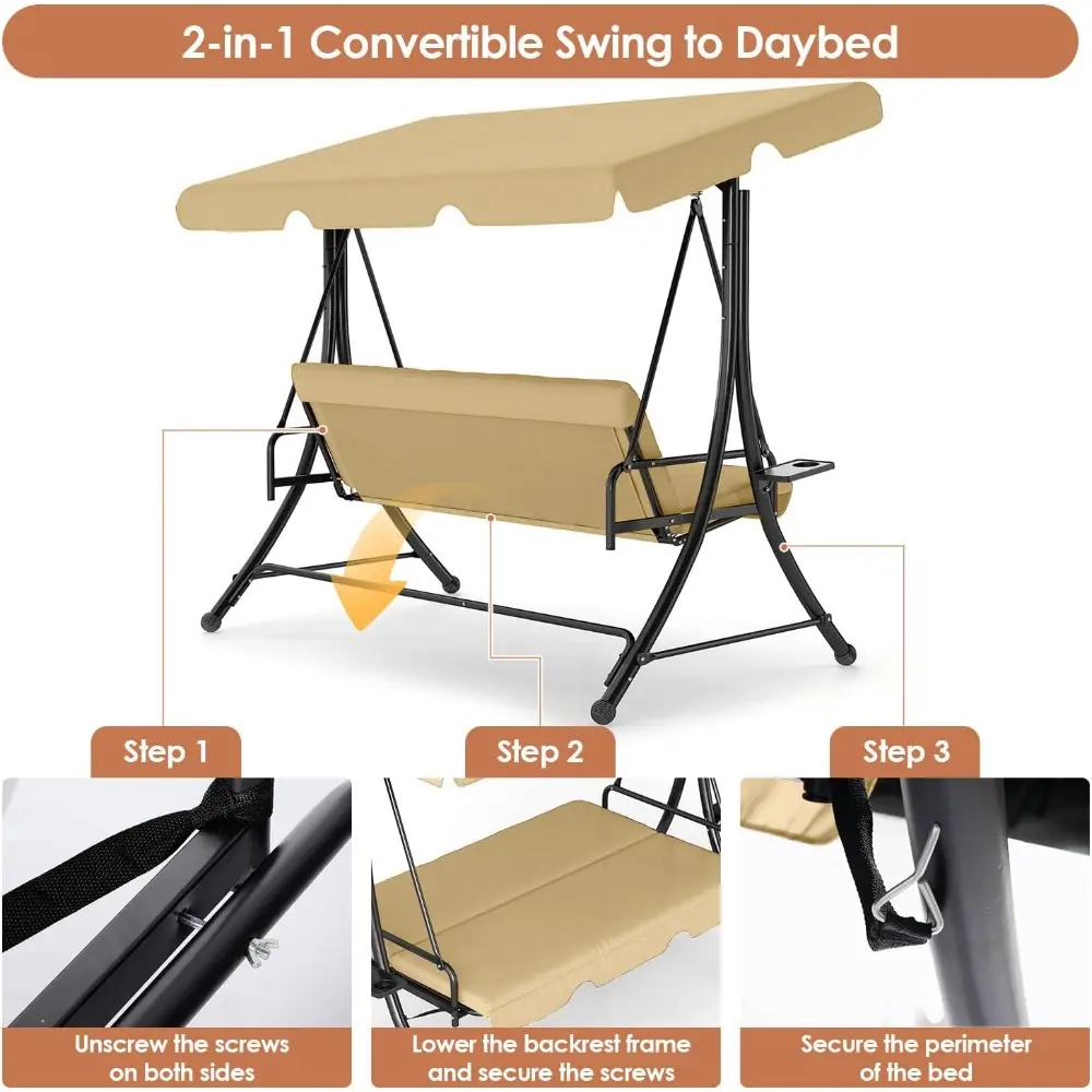2-in-1 Outdoor Patio Swing 3-Seat Porch Swing with Adjustable Canopy and Removable Cushions, Perfect for Patio, Backyard, Garde