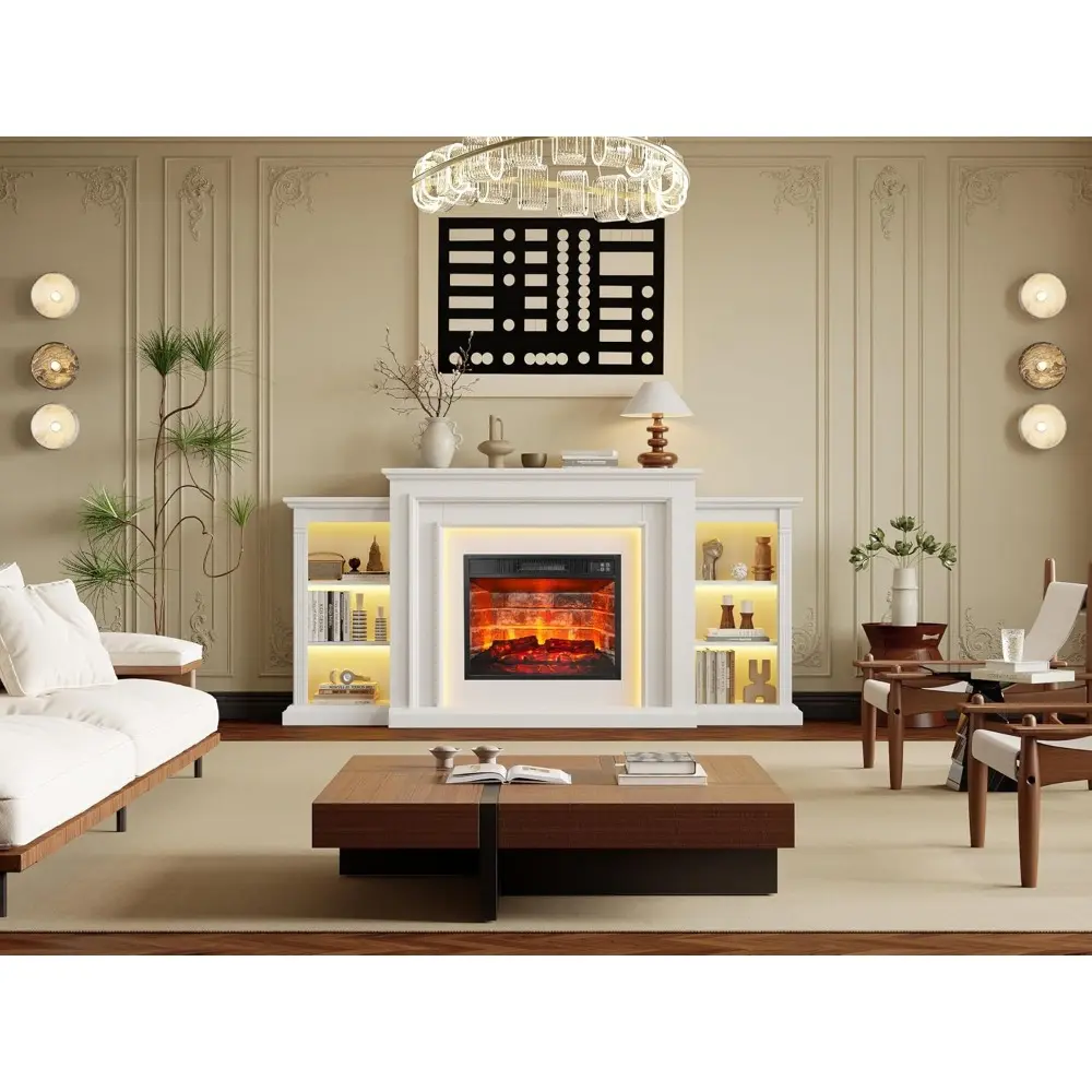 72" LED Electric Fireplace with Mantel, Fireplace TV Stand for 80 Inch TV, Entertainment Center w/23'' Red Brick Fireplace, Deli