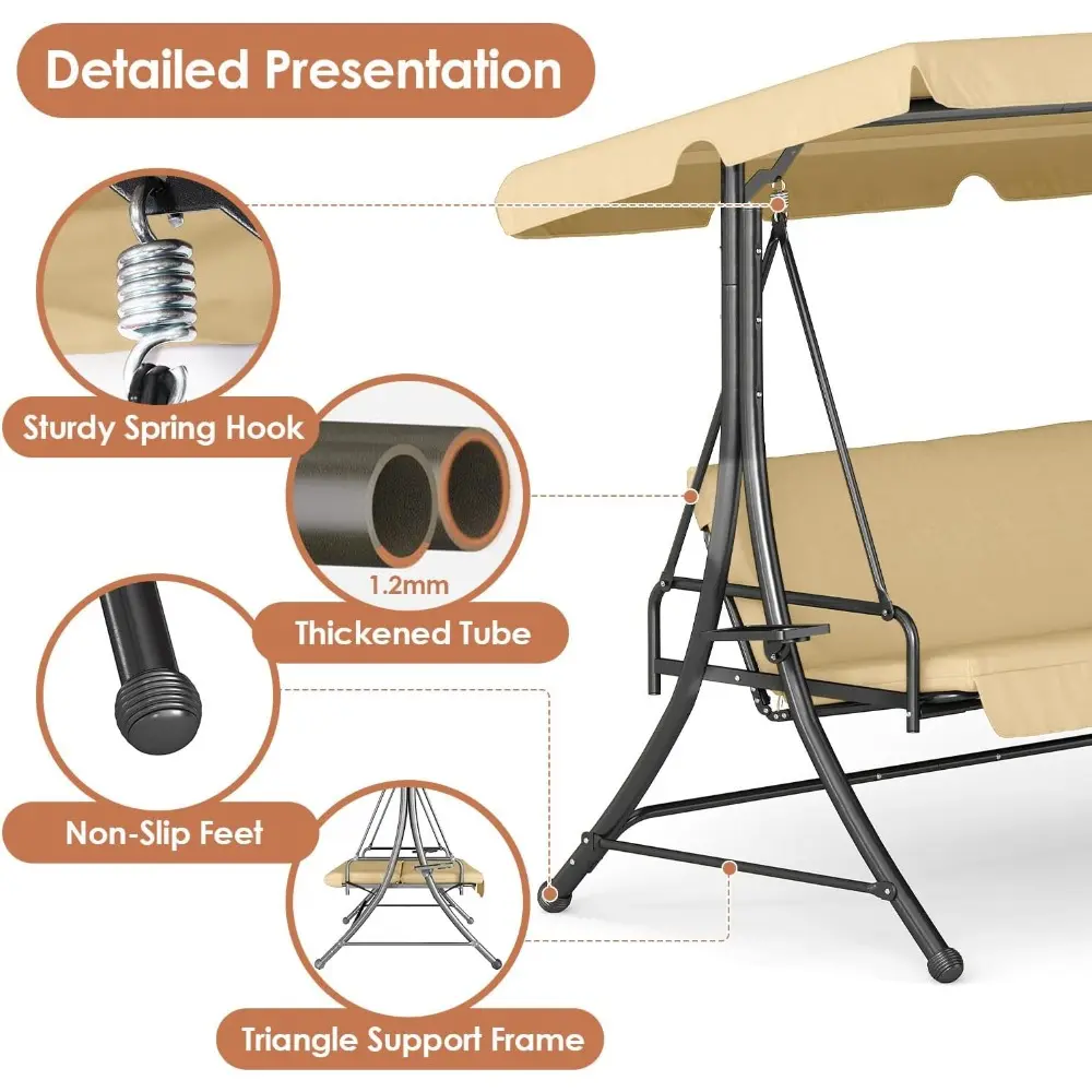 2-in-1 Outdoor Patio Swing 3-Seat Porch Swing with Adjustable Canopy and Removable Cushions, Perfect for Patio, Backyard, Garde