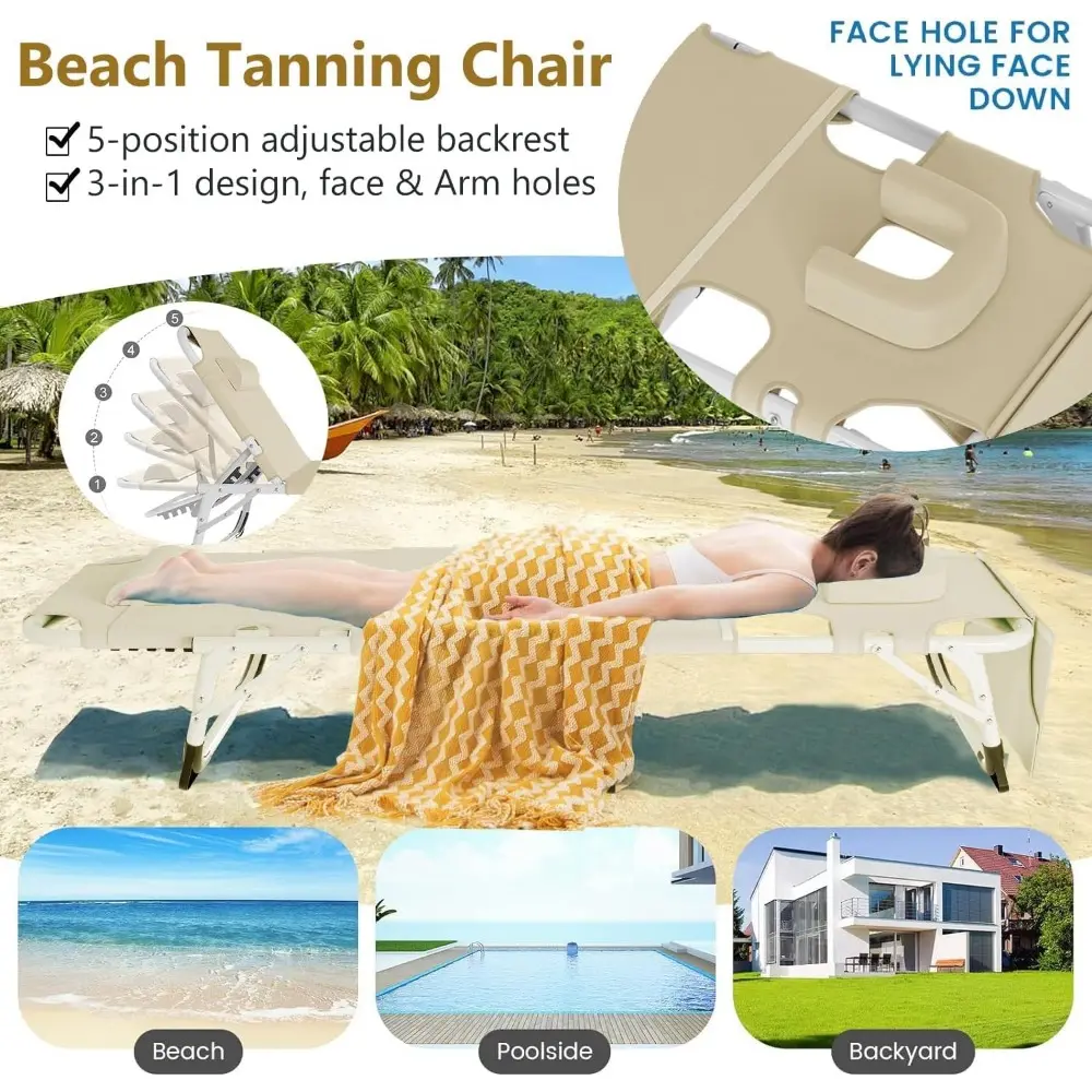 Sun Tanning Chair，4-in-1 Patio Lounge Chair, Heavy Duty Folding Chaise with 500LB Load Capacity, Adjustable Portable Chair for