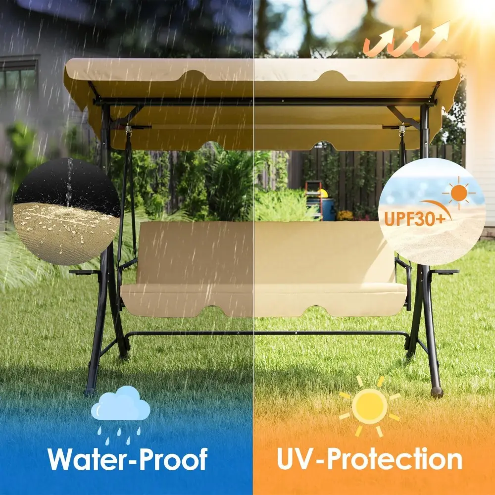 2-in-1 Outdoor Patio Swing 3-Seat Porch Swing with Adjustable Canopy and Removable Cushions, Perfect for Patio, Backyard, Garde