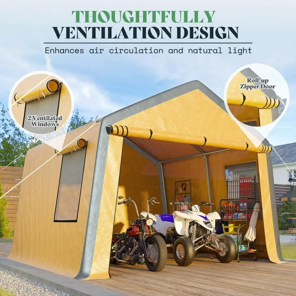 Carport 12x12 Portable Garage, Heavy Duty Car Canopy with Roll-up Ventilated Windows, Removable Sidewalls & Doors, Waterproof U