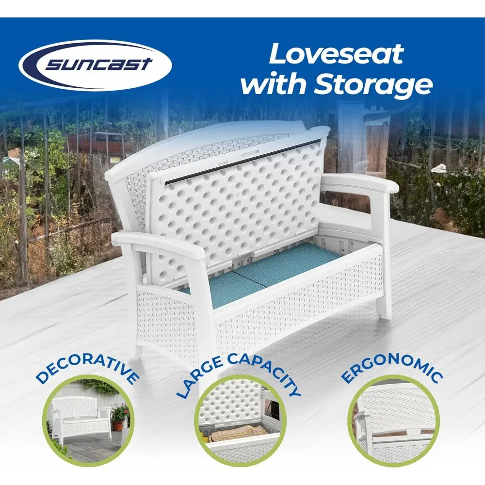 Suncast Elements Stylish Lightweight Loveseat Outdoor Seating with Convenient Built In Universal Storage, and All Weather Plasti