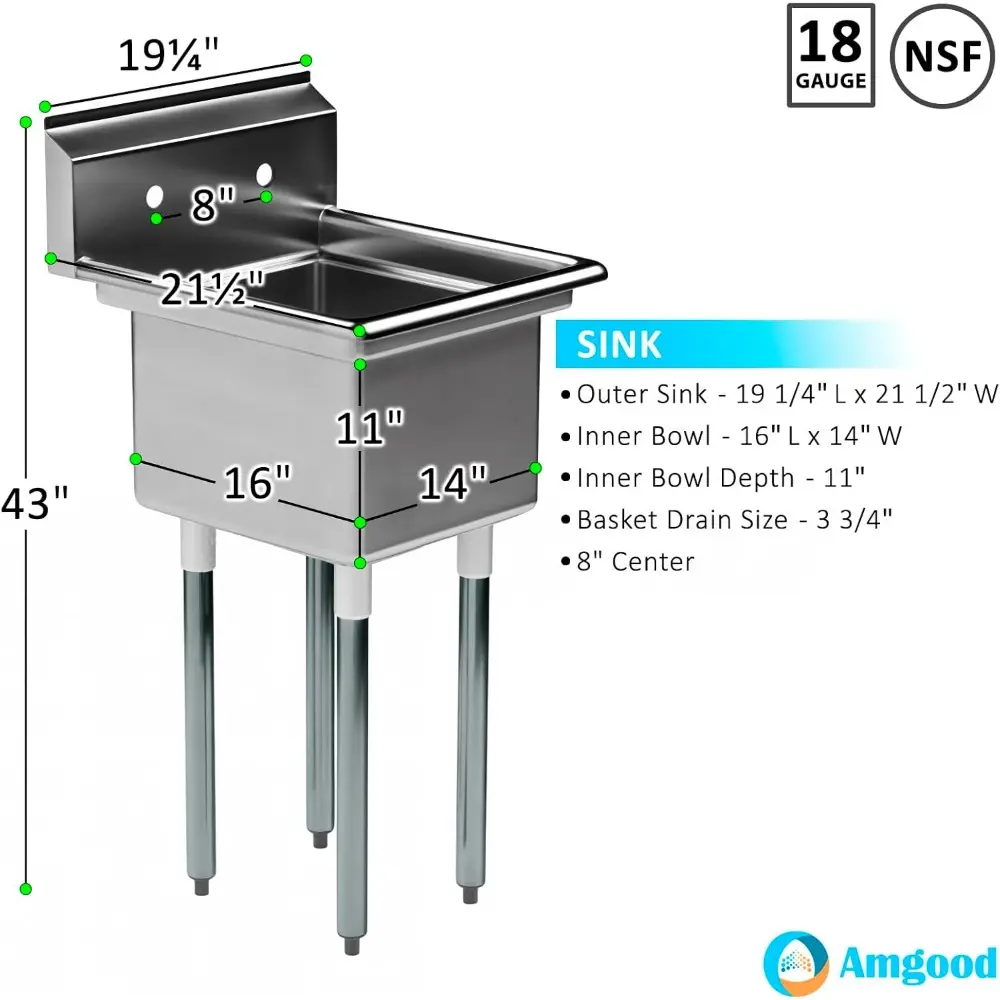 Stainless Steel Prep & Utility Sink | 304 Stainless Steel | Restaurant, Kitchen, Laundry, Garage | NSF (Bowl Size: 16" x 14" No
