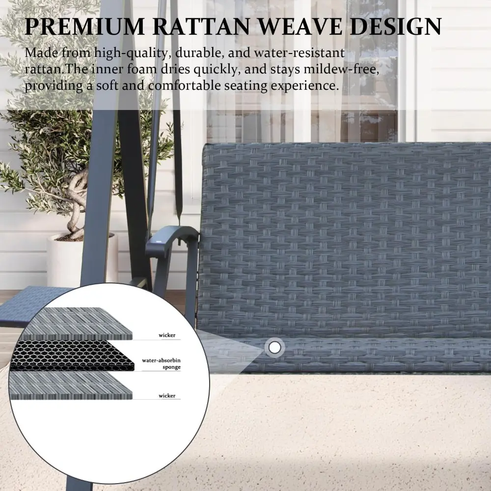 Domi 3-Seat Outdoor Porch Swing w/Adjustable Polycarbonate Hardtop and Side Table, Wicker Patio Swing Chair Bench with Steel Fra