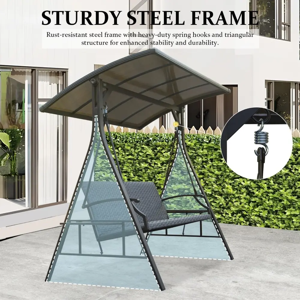 Domi 3-Seat Outdoor Porch Swing w/Adjustable Polycarbonate Hardtop and Side Table, Wicker Patio Swing Chair Bench with Steel Fra