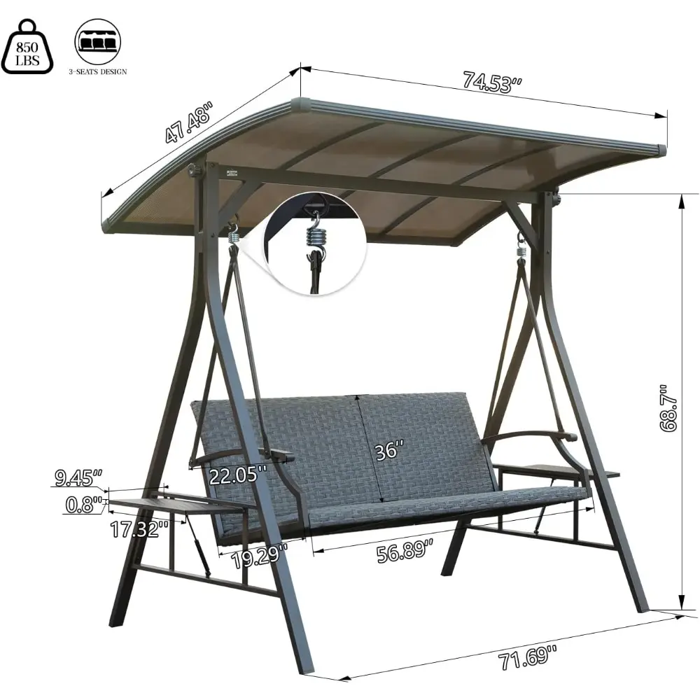 Domi 3-Seat Outdoor Porch Swing w/Adjustable Polycarbonate Hardtop and Side Table, Wicker Patio Swing Chair Bench with Steel Fra