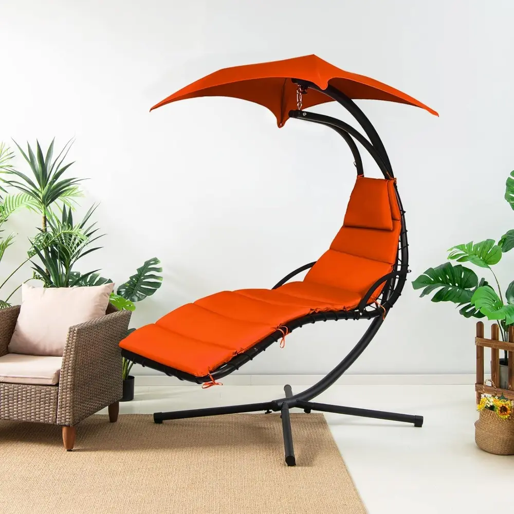 Hanging Chaise Lounge, Arc Stand Floating Hammock Swing Chair w/ Canopy and Built-in Pillow, Curved Steel Patio Lounge Chair, F