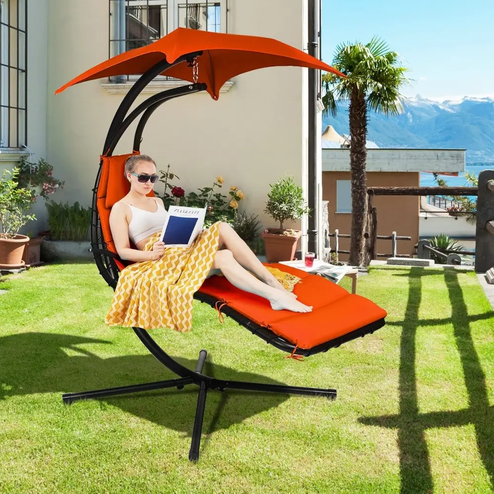 Hanging Chaise Lounge, Arc Stand Floating Hammock Swing Chair w/ Canopy and Built-in Pillow, Curved Steel Patio Lounge Chair, F