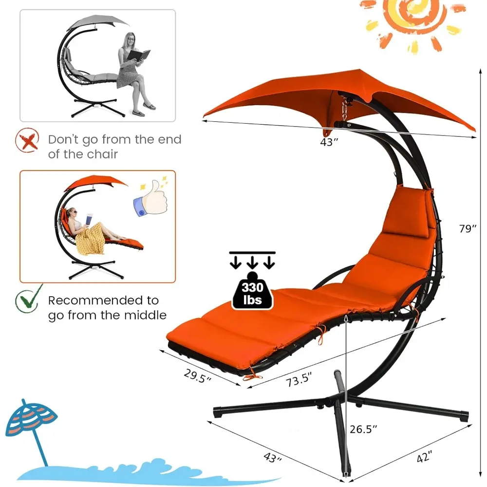 Hanging Chaise Lounge, Arc Stand Floating Hammock Swing Chair w/ Canopy and Built-in Pillow, Curved Steel Patio Lounge Chair, F