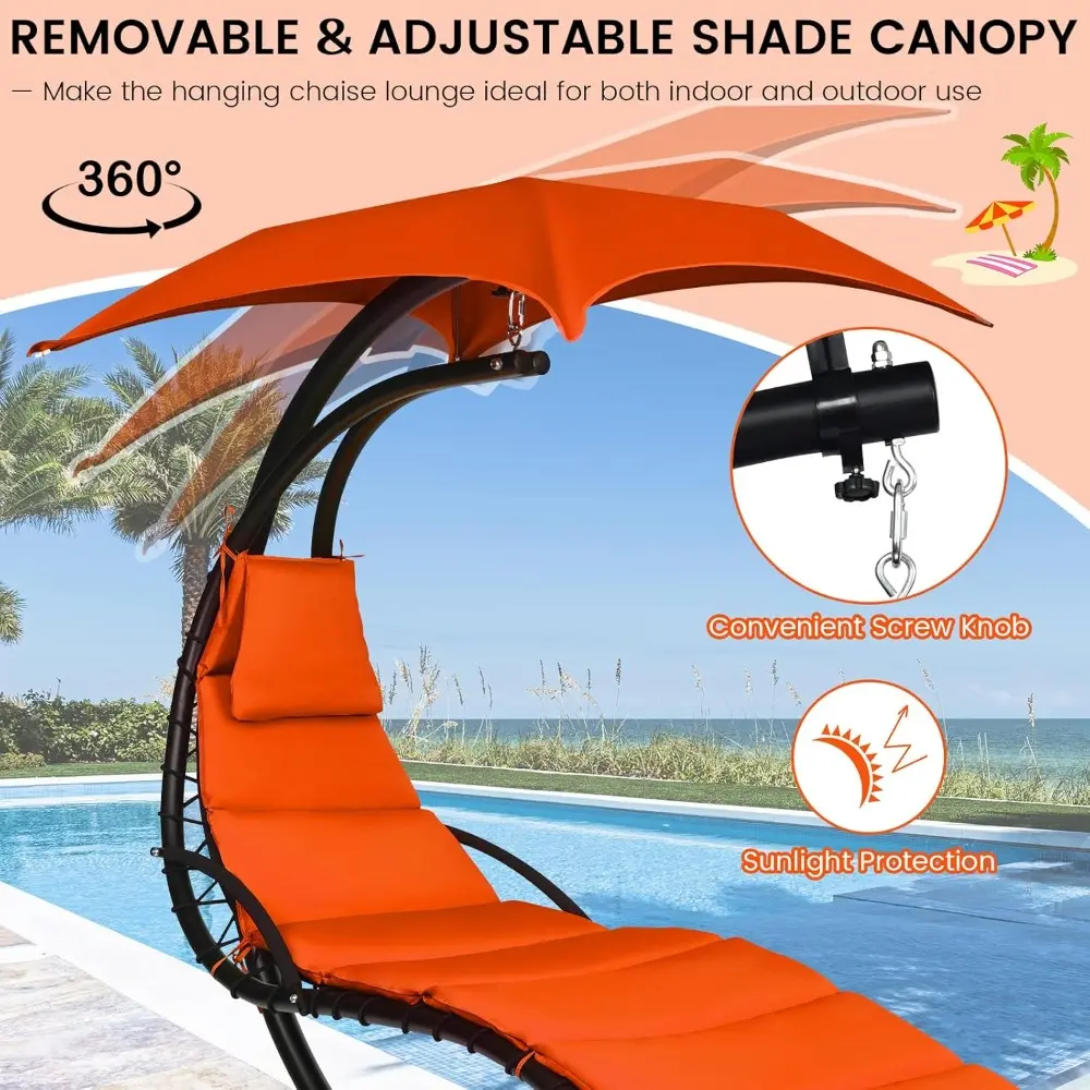 Hanging Chaise Lounge, Arc Stand Floating Hammock Swing Chair w/ Canopy and Built-in Pillow, Curved Steel Patio Lounge Chair, F