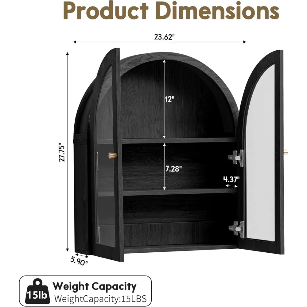 Wall Bathroom Cabinet with Glass Doors, Wood Medicine Cabinet with Adjustable Shelf, Arched Hanging Cabinet for Bathroom, Living