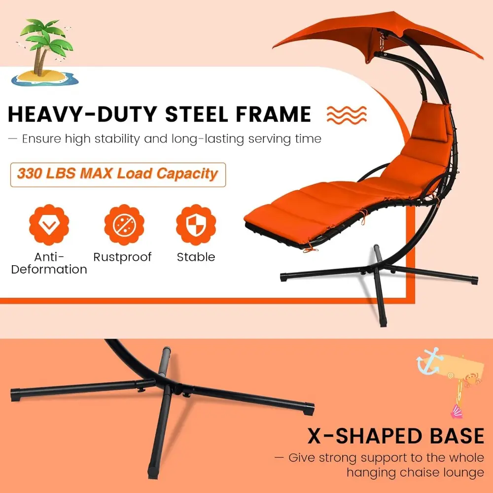 Hanging Chaise Lounge, Arc Stand Floating Hammock Swing Chair w/ Canopy and Built-in Pillow, Curved Steel Patio Lounge Chair, F