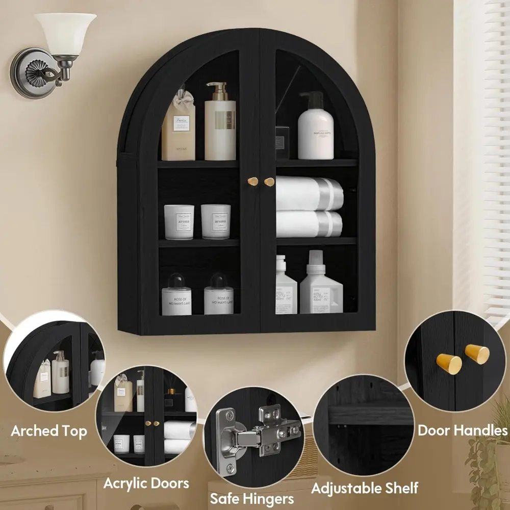 Wall Bathroom Cabinet with Glass Doors, Wood Medicine Cabinet with Adjustable Shelf, Arched Hanging Cabinet for Bathroom, Living