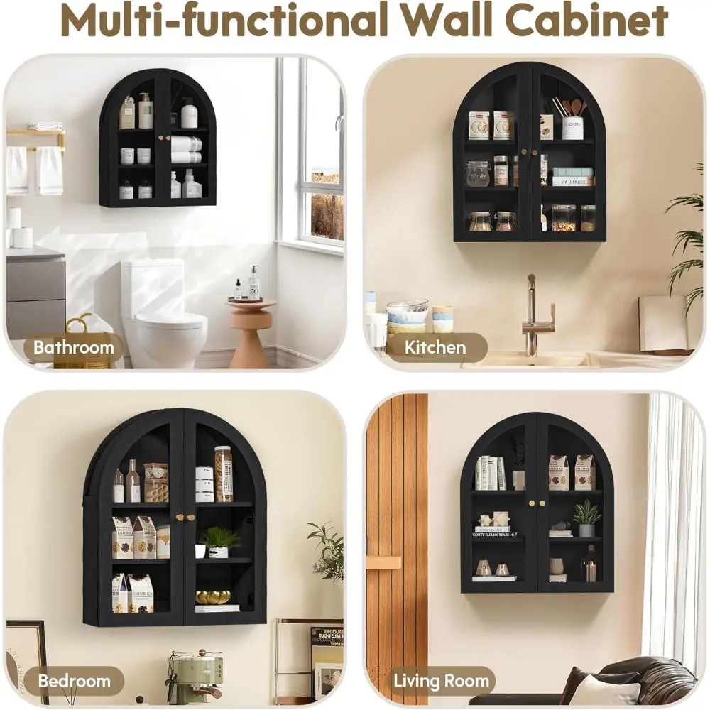 Wall Bathroom Cabinet with Glass Doors, Wood Medicine Cabinet with Adjustable Shelf, Arched Hanging Cabinet for Bathroom, Living