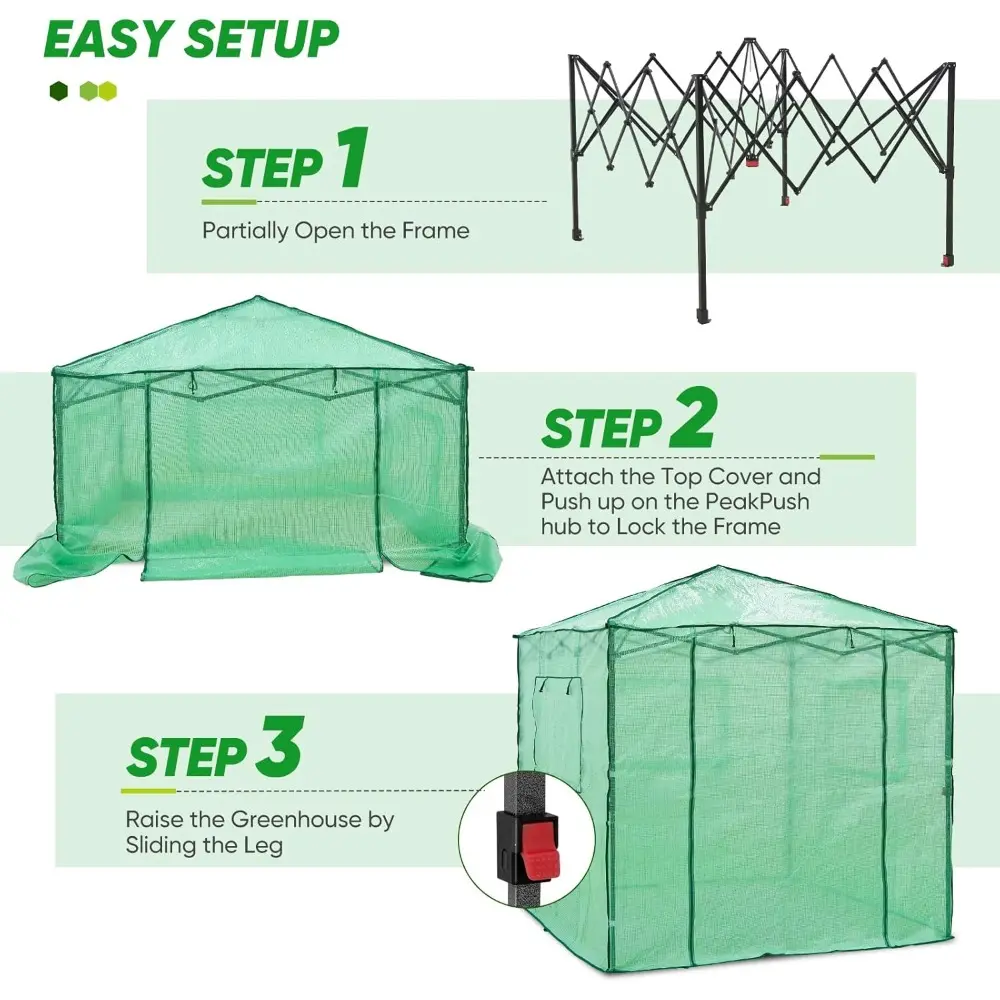 7x7 Pop up Greenhouse Portable Walk-in Outdoor Gardening Green House with 2 Foldable Shelves, Roll-up Zipper Entry Door and 3 M