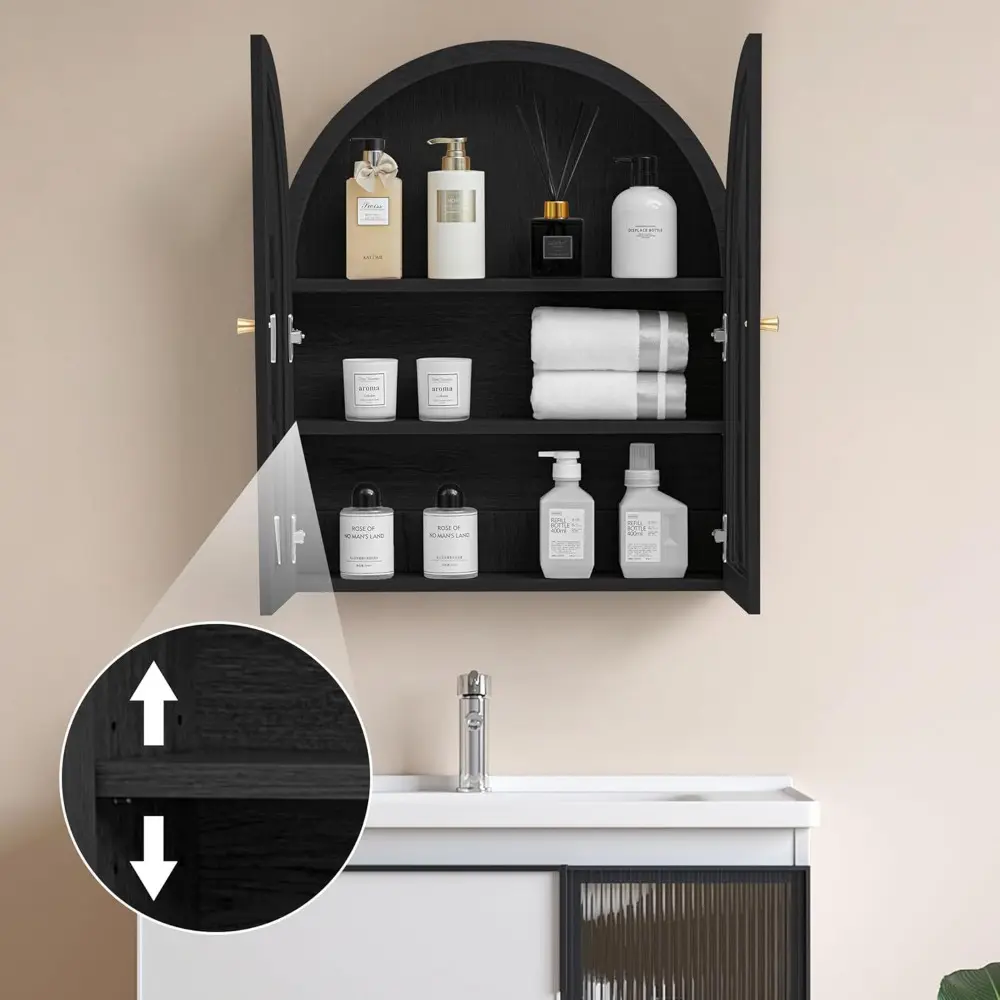 Wall Bathroom Cabinet with Glass Doors, Wood Medicine Cabinet with Adjustable Shelf, Arched Hanging Cabinet for Bathroom, Living