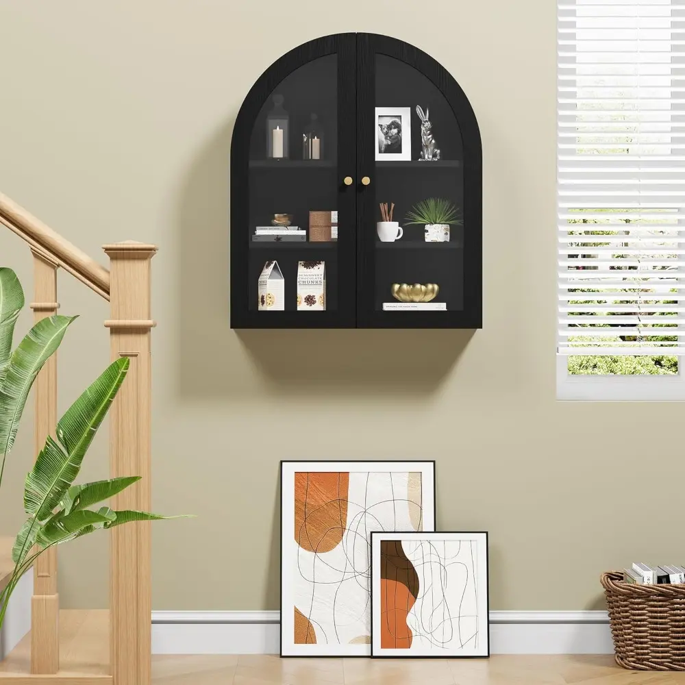 Wall Bathroom Cabinet with Glass Doors, Wood Medicine Cabinet with Adjustable Shelf, Arched Hanging Cabinet for Bathroom, Living