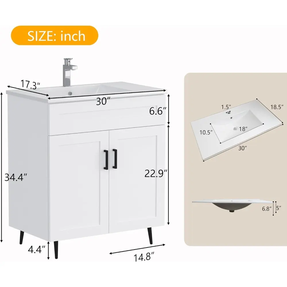 30 Inch Bathroom Vanity with Ceramic Sink, Modern Double Door Wood Storage Cabinet with Metal Legs, Freestanding Vanity Sink Cab