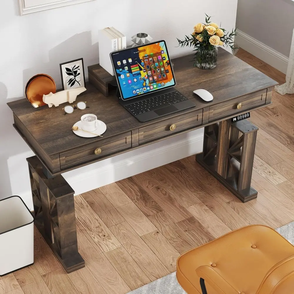 Electric Standing Desk with Drawers, 51×20 Inch Adjustable Height, Stand Up Desk with Monitor Shelf, Sit Stand Home Office Desk