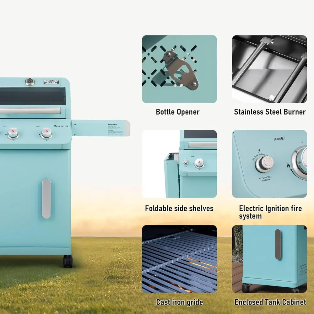 2-Burner Stainless Steel Liquid Propane Gas Patio Garden Barbecue Grill with Clearview® Lid, Knob Control and Two Foldable Shel
