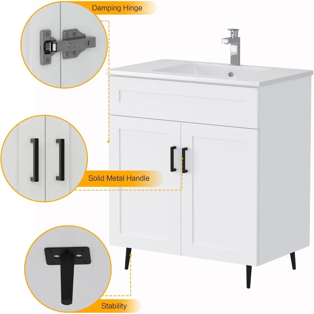 30 Inch Bathroom Vanity with Ceramic Sink, Modern Double Door Wood Storage Cabinet with Metal Legs, Freestanding Vanity Sink Cab