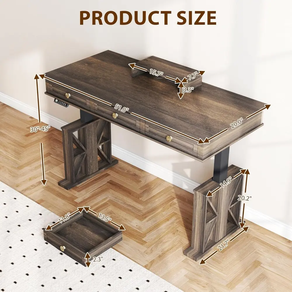 Electric Standing Desk with Drawers, 51×20 Inch Adjustable Height, Stand Up Desk with Monitor Shelf, Sit Stand Home Office Desk