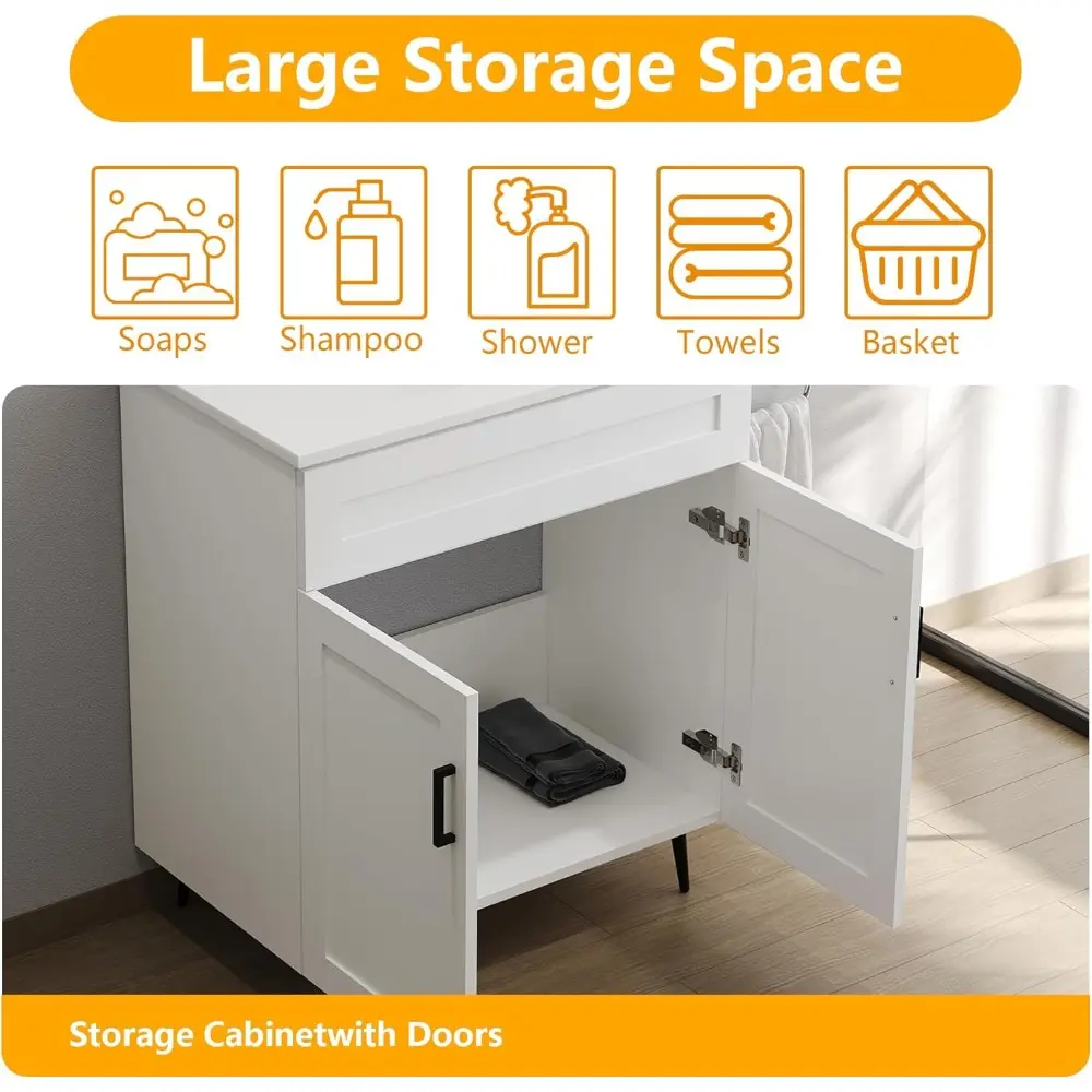 30 Inch Bathroom Vanity with Ceramic Sink, Modern Double Door Wood Storage Cabinet with Metal Legs, Freestanding Vanity Sink Cab