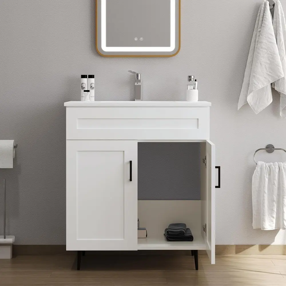 30 Inch Bathroom Vanity with Ceramic Sink, Modern Double Door Wood Storage Cabinet with Metal Legs, Freestanding Vanity Sink Cab