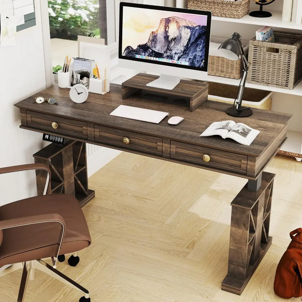 Electric Standing Desk with Drawers, 51×20 Inch Adjustable Height, Stand Up Desk with Monitor Shelf, Sit Stand Home Office Desk